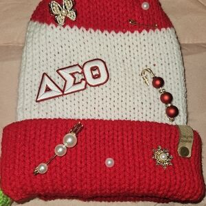 Red and White Kids Beanie with Decorative Pins